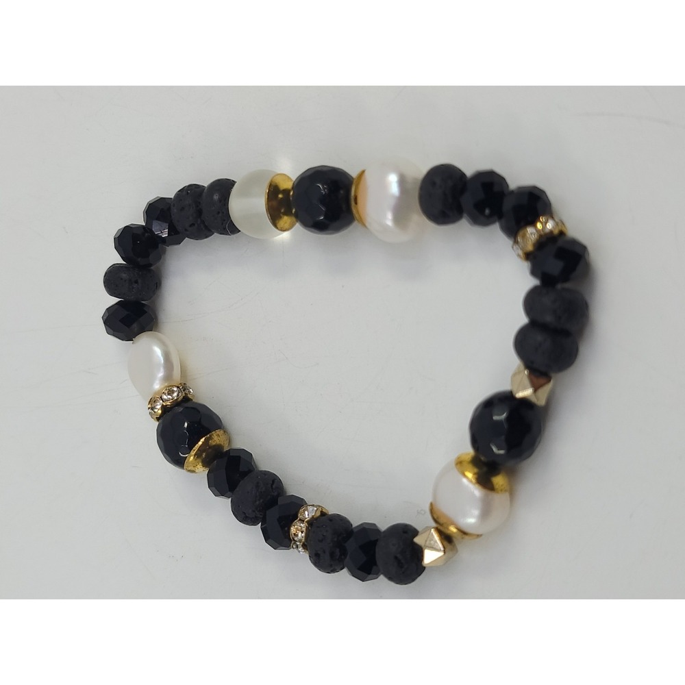 Pearl Lava Stone Rhinestone Bead Gold Tone Accent Bracelet Elastic Band